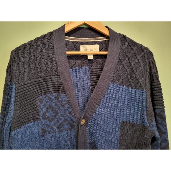 Sun & Stone Blue Patchwork V Neck Chunky Grandpa Cardigan Sweater Sz M - Picture 3 of 8